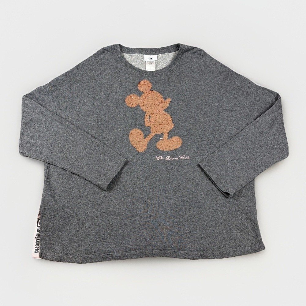 Disney Parks Sweatshirt Womens L Grey Rose Gold Sequin Mickey Mouse Boxy JT22604